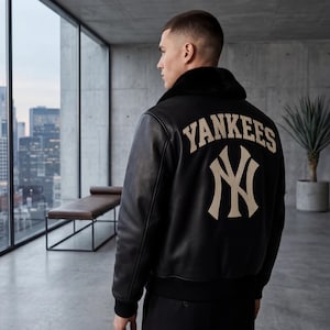 New York Yankees Black Leather Bomber Jacket for Men Handmade Varsity Coat