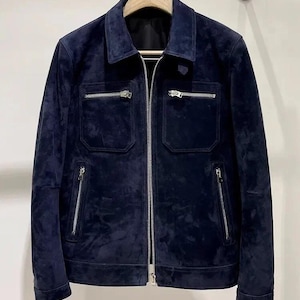 Navy Blue Genuine Suede Leather Trucker Jacket Men's Zip Cafe Racer Shirt