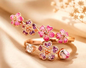 Pink Flower Adjustable Ring | Floral Gold Open Ring | Cherry Blossom Crystal Ring | Cute Dainty Jewelry Gift for Women