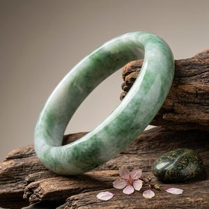 Op de afbeelding: Een gladde, gepolijste jade armband met een doorschijnend uiterlijk en wervelende patronen in licht- en donkergroene tinten. De cirkelvormige band heeft een afgerond profiel en een glanzende afwerking die het licht op het oppervlak weerkaatst.