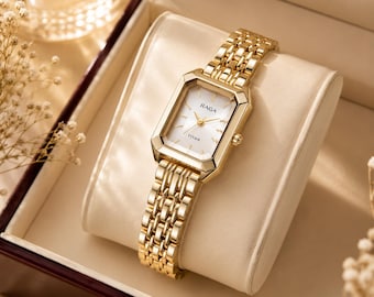 Elegant Gold Rectangular Women's Watch, Minimalist Luxury Bracelet Watch, Vintage Style Gold Wristwatch, Gift for Her, Everyday Dress Watch