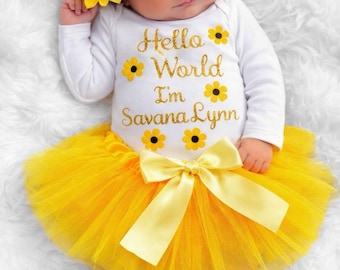 Hello World Newborn Girl Outfit, You Are My Sunshine, Sunflower Headband