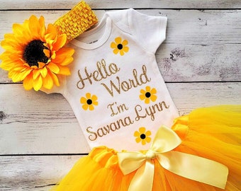 Hello World Newborn Girl Outfit, You Are My Sunshine, Sunflower