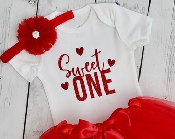 Girls Sweet One 1st Birthday Outfit, Red Tutu