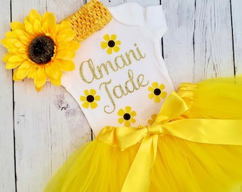 Sunflower Tutu Outfit, Birthday Girls, Baby, Toddler You Are My Sunshine Personalized with Name