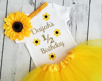 Half Birthday Outfit Girl, Half Way to One, Sunflower with Custom Name