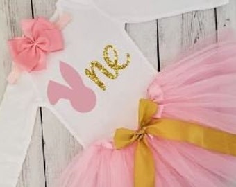 Easter 1st Birthday Outfit, Pink and Gold Baby Girl