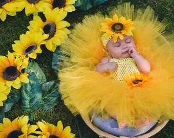 Sunflower Dress, Baby Girl Sunflower Tutu, Sunflower Toddler Birthday Outfit