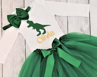Girls Dinosaur Birthday Tutu Outfit, Green Purple Pink