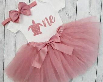Girls Turtle 1st Birthday Tutu Outfit Pink Dusty Rose