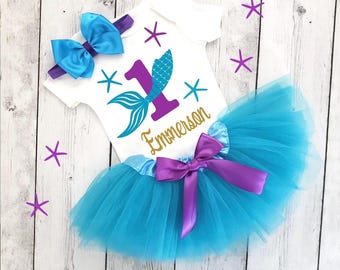 Mermaid First Birthday Outfit with Custom Name, Under the Sea Party Themed