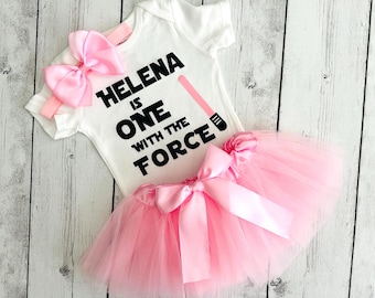 Girls One With The Force 1st Birthday Outfit, Pink, Green, Red, Yellow, Pink Tutu