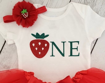 Strawberry 1st Birthday Baby Girl Tutu Outfit Red and Green
