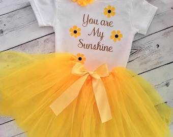 My Sunshine Tutu Outfit, Sunflower Baby Girl Shirt, Yellow Tutu and Headband