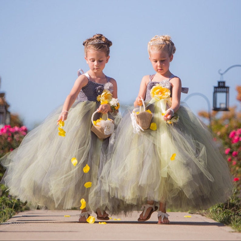 Charcoal Silver Flower Girl Dress, Dark Silver and Yellow Flower Girl Tutu Dress, Toddler Flower Girl, Long Tutu Dress Charcoal Silver Flower Girl Dress, Dark Silver and Yellow Flower Girl Tutu Dress, Toddler Flower Girl, Long Tutu Dress