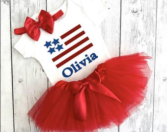 Girls Fourth of July Outfit. Red Tutu. Flag Shirt Toddler. Red White and Blue
