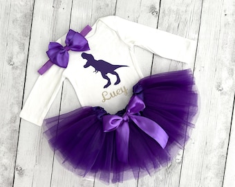 Girls Dinosaur Birthday Outfit Purple Tutu Baby Toddler Girls