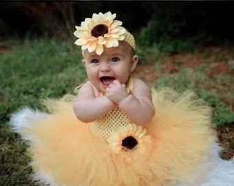 Sunflower Tutu Dress and Headband,  You Are My Sunshine Birthday, Newborn Toddler Girl Photos