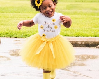 My Sunshine Tutu Outfit, Sunflower Baby Girl Shirt, Yellow Tutu and Headband