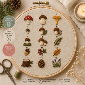 Op de afbeelding: Een ronde houten borduurring met een beige stoffen paneel met vijftien genummerde, met de hand geborduurde motieven, waaronder diverse paddenstoelen, een slak, een eikel, een dennenappel, een varen, een eikenblad, een boomstronk en lavendeltakjes.
