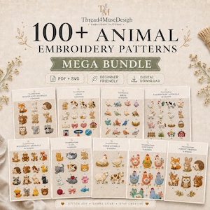 Può includere: Una collezione digitale di oltre 100 schemi per ricamo di animali intitolata Thread4MuseDesign. Il pacchetto include file PDF e SVG raffiguranti varie creature come animali del bosco, cani, gatti, uccelli, animali da fattoria e polli.