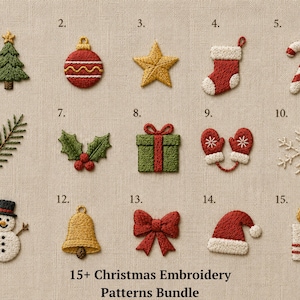 Op de afbeelding: Een digitaal PDF-pakket met 15 kerstborduurpatronen, waaronder een groene boom, rode kerstbal, gouden ster, kerstsok, zuurstok, dennentak, hulst, cadeau, wanten, sneeuwvlok, sneeuwpop, bel, strik, kerstmuts en een kaars.