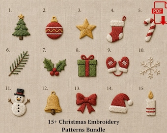 May include: A digital PDF bundle containing 15 Christmas embroidery patterns featuring a green tree, red ornament, gold star, stocking, candy cane, pine branch, holly, gift, mittens, snowflake, snowman, bell, bow, Santa hat, and candle.