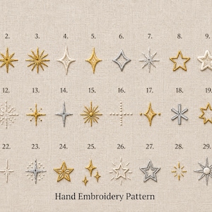 Peut inclure: Un modèle de broderie à la main en format PDF numérique présentant trente motifs d'étoiles distincts disposés en grille. Chaque étoile est représentée en fils dorés ou argentés, avec des formes variées à quatre branches ou rayons.