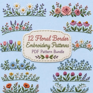 Paket med 12 broderimönster för blomsterkanter, handbroderi av vildblommor i PDF-format, botaniska designer för nybörjare, direktnedladdning