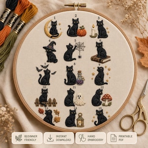May include: An embroidery hoop containing a cream-colored fabric with fifteen numbered black cat designs. The cats are depicted with various items including a crescent moon, pumpkin, candle, witch hat, spider web, book, bats, potion, ghost, mushroom, and lantern.