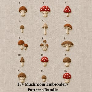 Könnte beinhalten: Eine Sammlung von 15 gestickten Pilzmotiven, die in einem Raster auf einem hellbeigen Stoffhintergrund angeordnet sind. Jeder Pilz ist nummeriert und weist verschiedene Formen, Größen und Farben auf, darunter Braun-, Weiß- und Rottöne. Der Text lautet 15 Mushroom Embroidery Patterns Bundle.