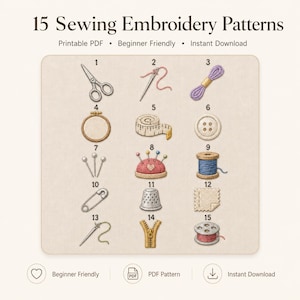 May include: A collection of 15 sewing embroidery patterns labeled 1 through 15, featuring illustrations of scissors, needles, thread, a hoop, tape measure, button, pins, pincushion, spool, safety pin, thimble, fabric, zipper, and bobbin.
