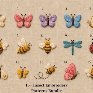 Könnte beinhalten: Eine Sammlung von 15 gestickten Insektenmotiven auf hellbeigem Stoffhintergrund, darunter verschiedene Schmetterlinge, Bienen, eine Libelle und ein Marienkäfer. Jedes Insekt ist von 1 bis 15 nummeriert, mit dem Text 15+ Insect Embroidery Patterns Bundle.