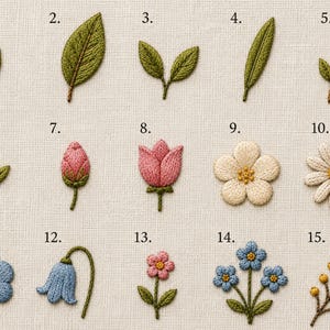 May include: A collection of fifteen embroidered botanical motifs on fabric, including various green leaves, pink tulip buds, white and blue flowers, and yellow sprigs, each numbered from one to fifteen with a PDF download icon at the top left.