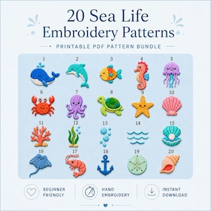 Bunt med 20 broderimönster för havet, marint liv, djur, val, delfin, fisk, sköldpadda, skal, handbroderi i PDF-format, direktnedladdning för nybörjare