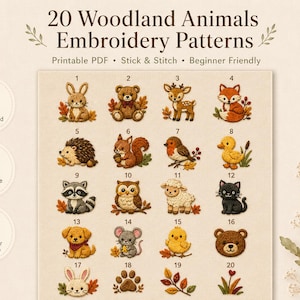 Peut inclure: Une collection de 20 motifs de broderie d'animaux des bois numérotés de 1 à 20, comprenant des illustrations de lapin, ours, cerf, renard, hérisson, écureuil, oiseau, canard, raton laveur, hibou, mouton, chat, chien, souris et poussin.