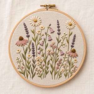 Wildflower Embroidery Pattern PDF, Lavender Daisy and Echinacea Floral Meadow, Botanical Hand Embroidery, Printable Digital Download