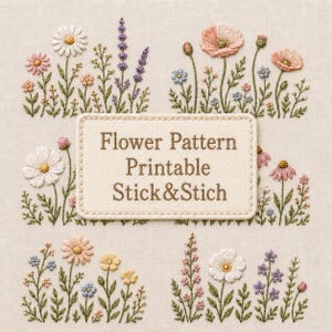6 broderimönster med vildblomskant, handbroderi med blomsteräng i PDF-format, design med prästkragar och lavendelvallmo, utskrivbar digital nedladdning