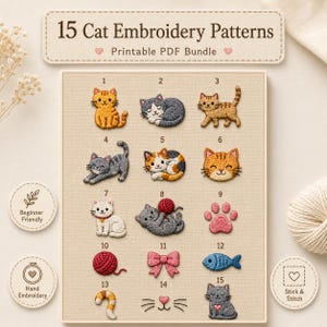 15 Cat Embroidery Patterns Bundle, Cute Kitten Pet Designs, Paw Yarn Fish Bow Hand Embroidery PDF, Beginner Printable Download