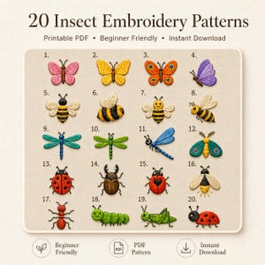 20 Insect Embroidery Patterns Bundle, Butterfly Bee Dragonfly Ladybug Beetle Designs, Beginner Hand Embroidery PDF, Instant Download