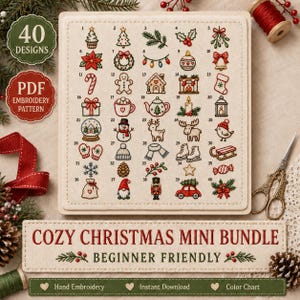 Pode incluir: Um painel de tecido quadrado com 40 desenhos de bordado numerados com tema natalino, incluindo árvores, ornamentos e ícones festivos. O texto diz Cozy Christmas Mini Bundle Beginner Friendly. O design inclui uma fita vermelha e tesouras.