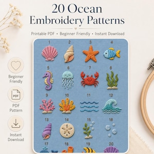 以下が含まれることがあります： 20 Ocean Embroidery Patternsのデジタル表示。貝殻、ヒトデ、魚、タツノオトシゴ、クラゲ、カニ、サンゴ、波、泡のカラフルな刺繍アイコンが水色の背景に並び、20 Ocean Embroidery Patternsというテキストが記載されています。