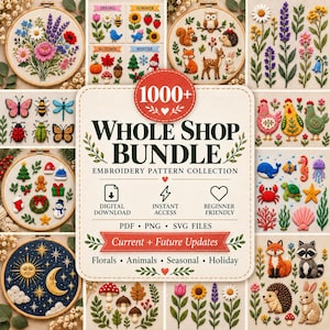 Puede incluir: Una colección digital de más de 1000 patrones de bordado con diseños florales, animales, estacionales y festivos. El paquete incluye archivos PDF, PNG y SVG con acceso instantáneo para descarga digital y motivos coloridos.