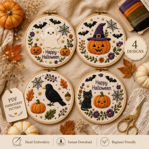 May include: Four circular embroidery hoops featuring Halloween designs: a ghost, a jack-o'-lantern with a purple hat, a black crow, and a black cat with a pumpkin. Each hoop includes floral accents, spiderwebs, bats, and the text Happy Halloween.