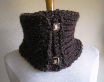 Scarflette - "Java Jive" -- Dark Mocha wool blend with OOAK coffee cup buttons