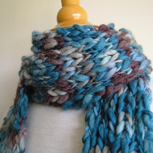 Clarissa Scarf - Chunky Wool - Long Skinny Scarf - Blue and Teal and Chocolate