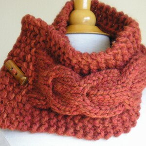 May include: A rust-colored knitted infinity scarf with a wooden toggle closure.