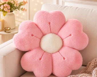 Kissen mit rosa Gänseblümchenblüte | Weiches Plüschkissen mit Blumenmuster für ein hübsches Schlafzimmer | Ästhetisches Bodenkissen mit Blumenmuster, gemütliches Geschenk für ein pastellfarbenes Zimmer