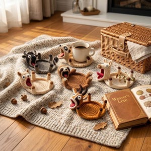May include: A collection of five crocheted animal coasters featuring a dark gray bull, a tan meerkat, a brown sloth, a cream llama, and a brown goat. Each coaster has a circular base and an open-mouthed animal head design, with one holding a white mug.