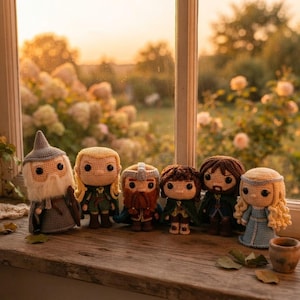 Pode incluir: Seis bonecos de crochê dispostos em fila, apresentando um mago com chapéu e barba cinzentos, um elfo com longos cabelos loiros, um anão com barba trançada, um hobbit com cabelos cacheados, um guardião com cabelos escuros e uma mulher com longos cabelos loiros.